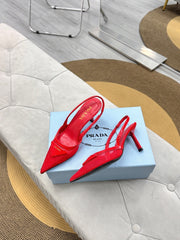 PRADA 25S TRIANGLE LOGO SLINGBACK PUMPS IN RED MESH FABRIC