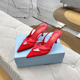 PRADA 25S TRIANGLE LOGO SLINGBACK PUMPS IN RED MESH FABRIC