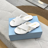 PRADA 25S SLIDE SANDALS IN WHITE CALFSKIN LOGO