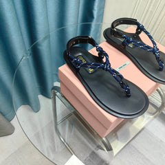 FLIP-FLOPS SANDAL BLACK SHEEPSKIN WITH NAVY STRAP