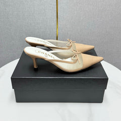 CC HEEL MULES 25S IN BEIGE MESH FABRIC AND LAMBSKIN WITH BOW