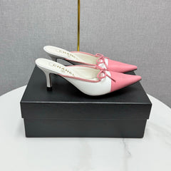 CC HEEL MULES 25S IN PINK AND WHITE LAMBSKIN WITH BOW