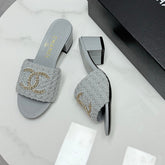 CC HIGH HEEL 25S INDUSTY BLUE GREY FABRIC AND CALFSKIN WITH LOGO