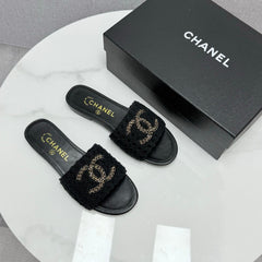 CC SLIDE SANDALS 25S IN BLACK FABRIC AND CALFSKIN WITH LOGO