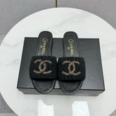 CC SLIDE SANDALS 25S IN BLACK FABRIC AND CALFSKIN WITH LOGO