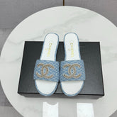 CC SLIDE SANDALS 25S IN SKY BLUE DENIM AND WHITE CALFSKIN WITH LOGO