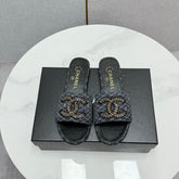 CC SLIDE SANDALS 25S IN BLACK DENIM AND CALFSKIN WITH LOGO