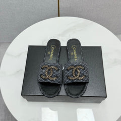 CC SLIDE SANDALS 25S IN BLACK DENIM AND CALFSKIN WITH LOGO