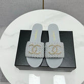 CC SLIDE SANDALS 25S IN DUSTY BLUE GREY FABRIC AND CALFSKIN WITH LOGO