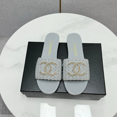 CC SLIDE SANDALS 25S IN DUSTY BLUE GREY FABRIC AND CALFSKIN WITH LOGO