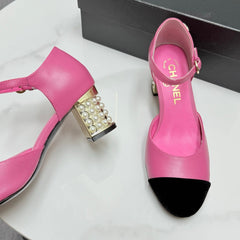CC MARY JANE HEELS 25S IN PINK LAMBSKIN AND BLACK SUEDE WITH PEARL HEEL STYLE 8