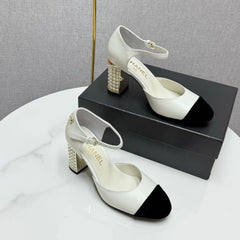 CC MARY JANE HEELS 25S IN WHITE LAMBSKIN AND BLACK SUEDE WITH PEARL HEEL STYLE 4