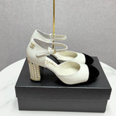 CC MARY JANE HEELS 25S IN WHITE LAMBSKIN AND BLACK SUEDE WITH PEARL HEEL STYLE 4