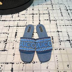 GG SLIDE SANDAL WITH GUCCI SCRIPT TEAL DENIM