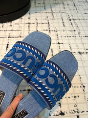 GG SLIDE SANDAL WITH GUCCI SCRIPT STONE DENIM