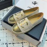 ESPADRILLES LOAFERS IN BEIGE TWEED AND GOLDEN LAMBSKIN