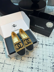 ESPADRILLES LOAFERS IN METALIC GOLD TWEED AND BLACK SATIN