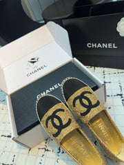 ESPADRILLES LOAFERS IN METALIC GOLD TWEED AND BLACK SATIN