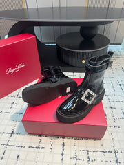 VIV' RANGERS BIKER BOOTIES IN BLACK PATENT CALFSKIN WITH METAL BUCKLE