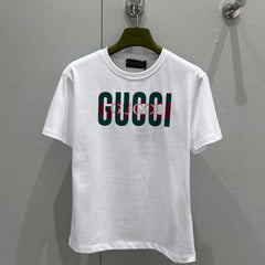 Gucci 2025 Print Short Sleeve T-shirt White Green Red Cotton