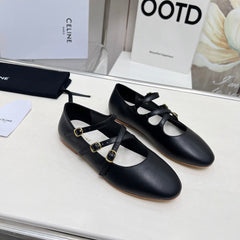 BALLET FLAT WITH CROSSOVER STRAP IN BLACK LAMBSKIN