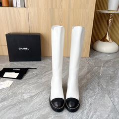 CHANEL 25S HIGH BOOTS STRETCHY SHAFT 85MM IN WHITE MIX BLACK CALFSKIN GOLD HARDWRE