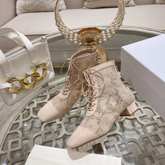 NAUGHTILY-D ANKLE BOOT NUDE BEIGE TRANSPARENT MESH AND SUEDE EMBROIDERED WITH ROSES MOTIF 35 MM