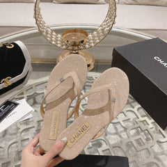 Double CC Rhinestone Flip Flop Thongs Beige Cream Sheepskin