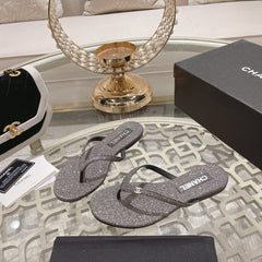 Double CC Rhinestone Flip Flop Thongs Dark Gray Sheepskin