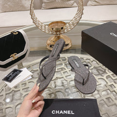 Double CC Rhinestone Flip Flop Thongs Dark Gray Sheepskin