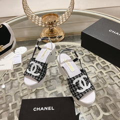 WEDGE SANDALS IN BLACK FABRIC WITH WHITE LOGO