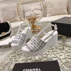 WEDGE SANDALS IN BLACK MIX WHITE FABRIC WITH LOGO