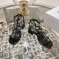 HIGH 45MM BLOCK HEEL SANDAL IN BLACK LAMBSKIN