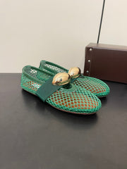 ALAIA BALLET FLATS IN COOL GREEN MESH FISHNET WITH GOLD HARDWARE