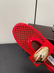 ALAIA BALLET FLATS IN CHERRY RED MESH FISHNET WITH GOLD HARDWARE