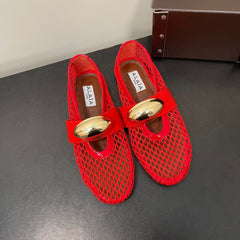 ALAIA BALLET FLATS IN CHERRY RED MESH FISHNET WITH GOLD HARDWARE
