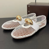 ALAIA BALLET FLATS IN WHITE MESH FISHNET WITH GOLD HARDWARE