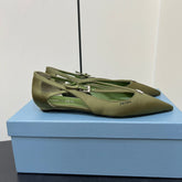 CUT-OUT BALLERINA FLAT IN OLIVE GREEN SATIN ATTACHED BEAD BUCKLE