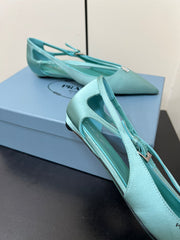 CUT-OUT BALLERINA FLAT IN TURQUOISE BLUE SATIN ATTACHED BEAD BUCKLE