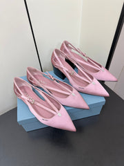 CUT-OUT PUMPS WITH BEAD BUCKLE IN BABY PINK SATIN
