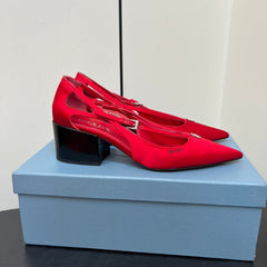 CUT-OUT PUMPS WITH BEAD BUCKLE IN CLASSIC RED SATIN