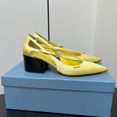 CUT-OUT PUMPS WITH BEAD BUCKLE IN LIGHT YELLOW SATIN