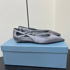 CUT-OUT BALLERINA FLAT IN WARM GRAY SATIN ATTACHED BEAD BUCKLE