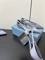 CUT-OUT PUMPS WITH BEAD BUCKLE IN WARM GRAY SATIN