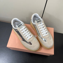 THICK-SOLED RETRO SNEAKERS IN SILVER METALLIC LAMBSKIN AND BEIGE SUEDE