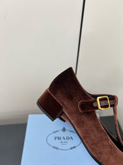 BOW MARY JANE PUMPS WITH T-STRAP IN UMBER BROWN VELVET