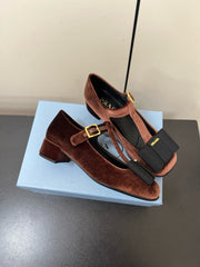 BOW MARY JANE PUMPS WITH T-STRAP IN UMBER BROWN VELVET