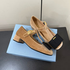 BOW MARY JANE PUMPS WITH T-STRAP IN PECAN PIE VELVET