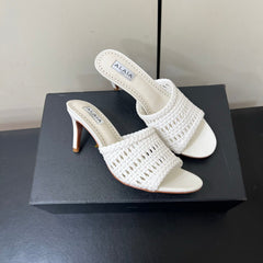 ALAIA HIGH HEEL 25S 70 MM IN WHITE LAMBSKIN WITH WOVEN PATTERN