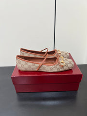 GG MARY JANE 25S IN MINK BROWN CANVAS MIX LAMBSKIN WITH GOLD HARDWARE